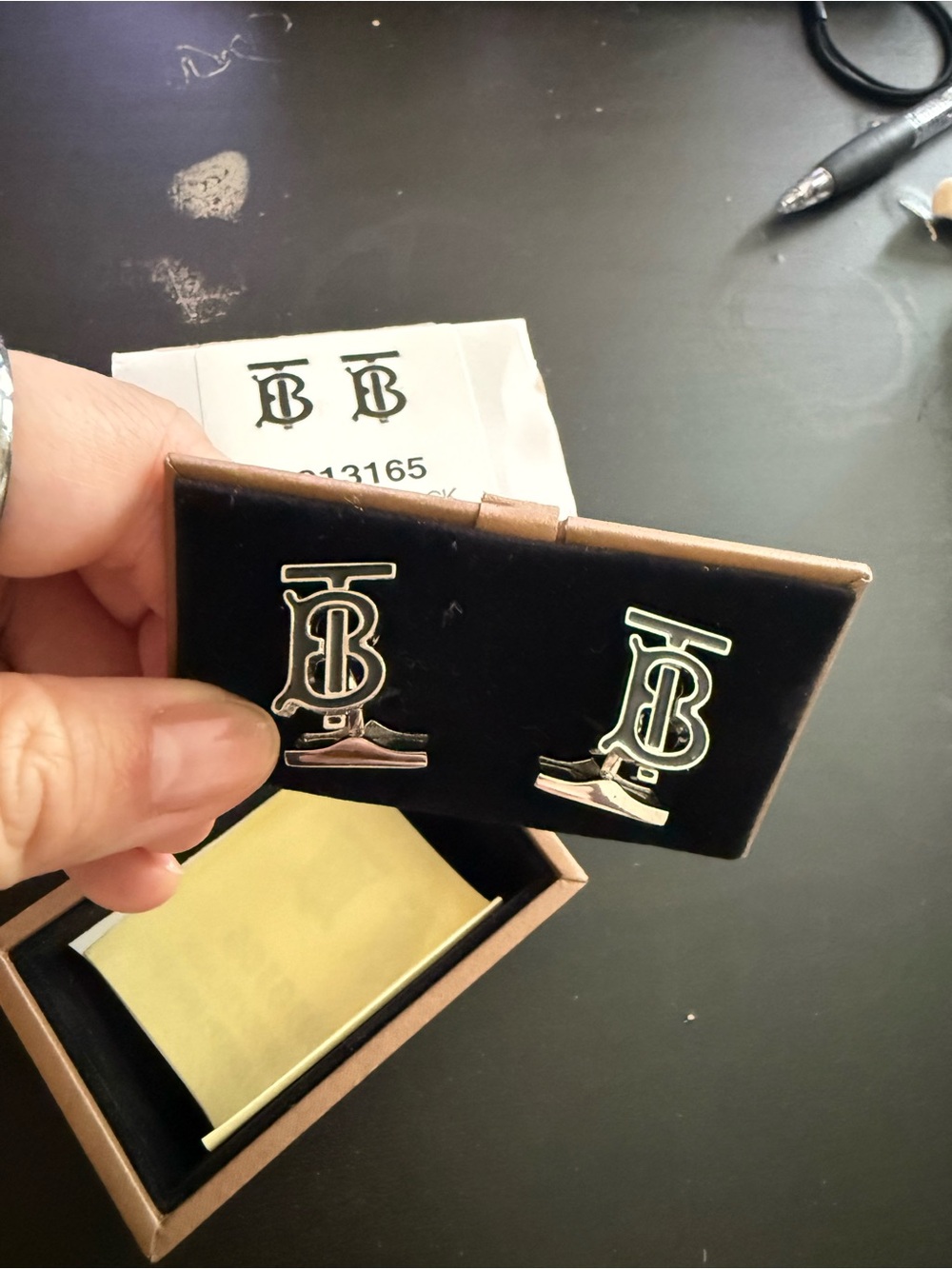 NIB Burberry Black & Silver TB Cufflinks